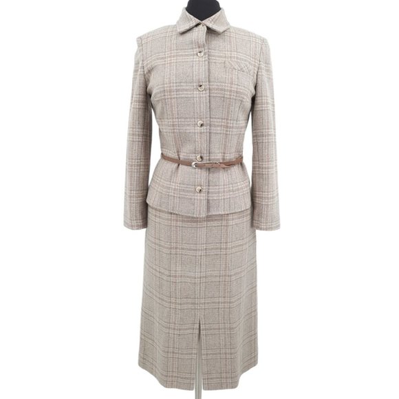 Vintage Dresses & Skirts - VTG 70s Intuitions by Maurice Antaya Tan Plaid Wool Blend Belted Skirt Suit Set